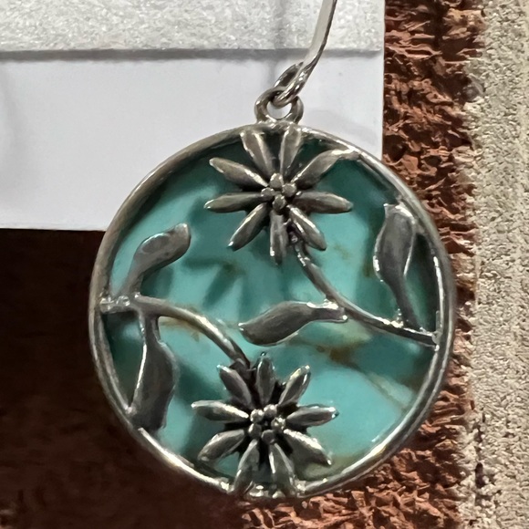 Silver Turquoise Dangle Earrings; TQ Disk Drop Earrings - Picture 2 of 9